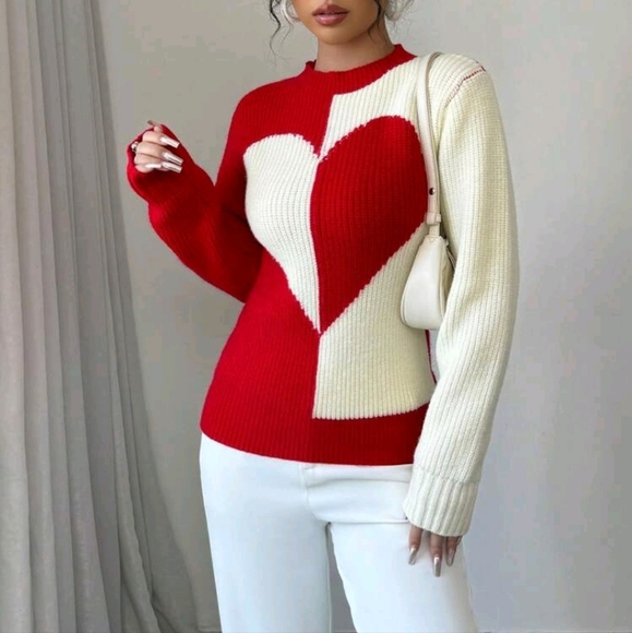 Women's Valentine's Day Colorblock Heart Pattern Sweater - Picture 1 of 5